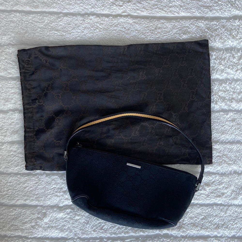 Gucci ‘GG’ Monogram Black Canvas Mini Bag with Gold Lined Strap